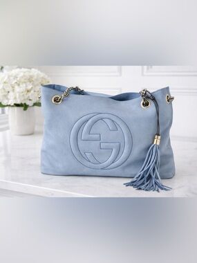 Gucci Sky Blue suede Shoulder Bag with Tassel and Chain Straps